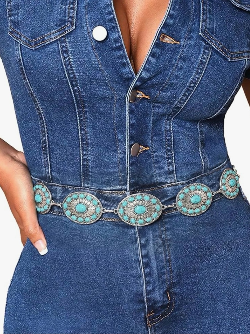 Western Metal Concho Turquoise Belt for Women,Cowgirl Silver Waist Chain Belt